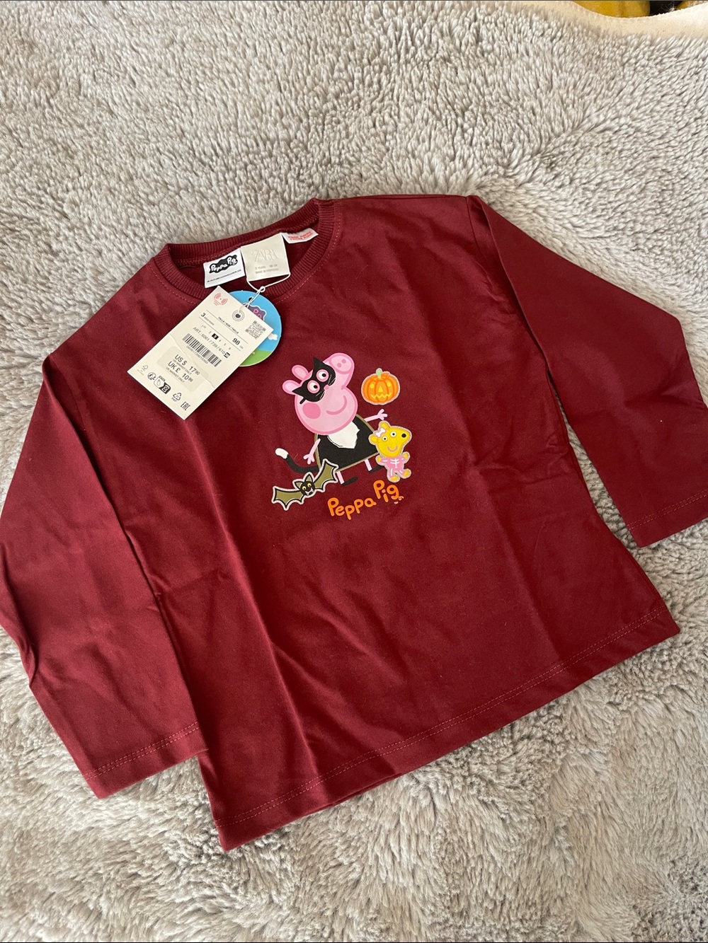 Zara Peppa Pig Burgundy Long Sleeve Tee with Halloween Graphic Sz 3Y NEW